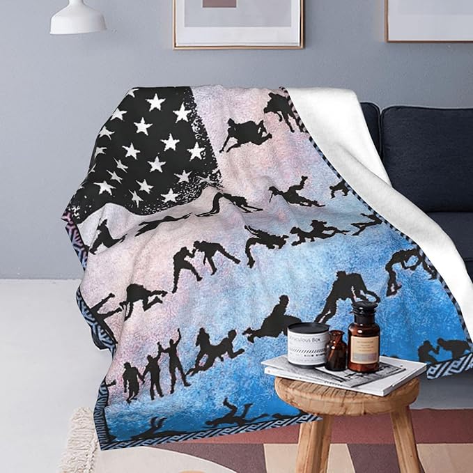 Wrestling Blanket American Flag Decor Throw Blanket Super Soft Flannel Lightweight Fluffy Plush Fuzzy Fleece Sports Blanket Gifts for Wrestler Boys Man Woman Girls Kids Adults for Bed Sofa 60"X80"