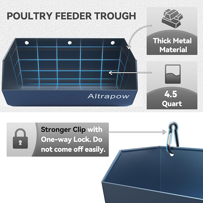 4.5 Quart Hanging Goat Feeder [Material of Metal] with Clips and Nylon Tie Wraps, Fence Feeder [Sturdy and Durable] for Goat, Pig and Dog, Blue, 4 Pack