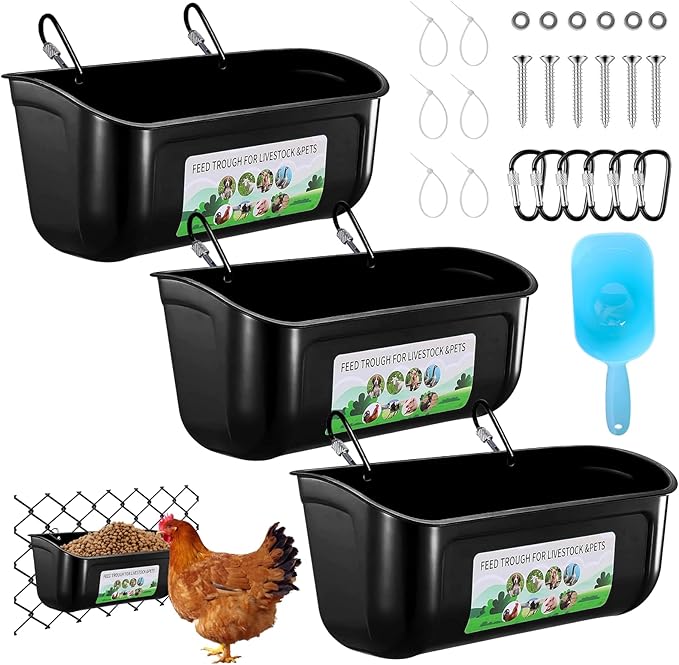 3 Pack Chicken Feeder, Duck Feeder Supplies, Hanging Fence Feed Trough with Clips for Goat, Sheeple, Piglet, Gooses, Turkeys, Dog Livestock Poultry, 8 Quarts in Total, Feed Scoop Included, Black