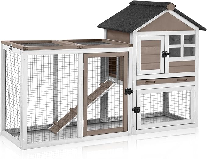 GUTINNEEN Large Rabbit Hutch Indoor 2-Level Wooden Chicken Coop Outdoor Bunny Guinea Pig Cage with Run, Chew-Proof Ramp, Leak-Proof Pull Out Tray, Lockable Doors for Small Animals (Brown & White)