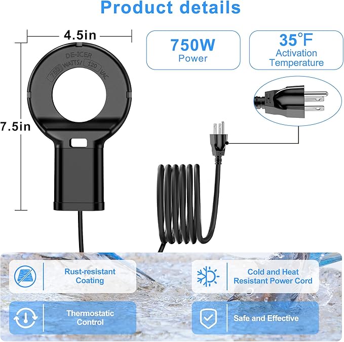 750W Utility De-Icer Submersible Cast Aluminum Chicken Water Heater, Designed for Livestock Troughs and Outdoor Tanks