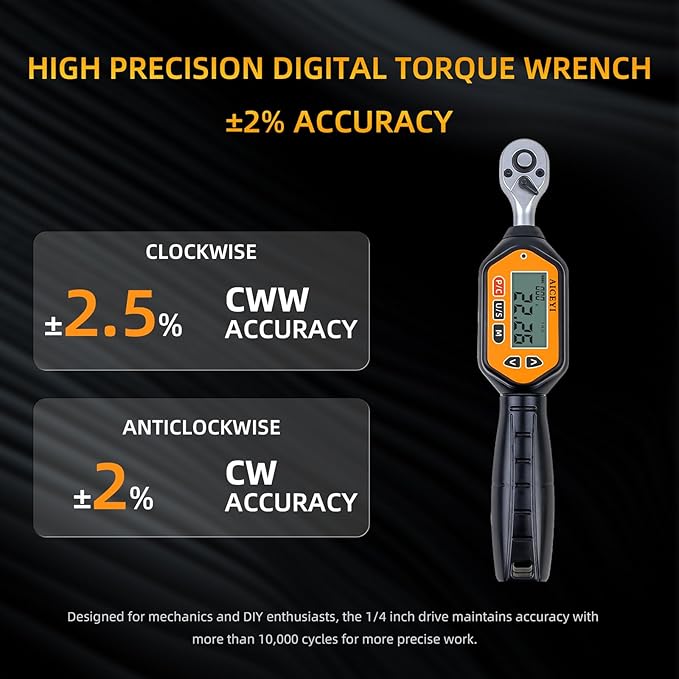 Digital Torque Wrench 1/4 Drive (7.37Ft/ 0.3-10 N.m)±2% High Accuracy Digital Torque Wrench with Buzzer and LED Flash Notification Four Units of Measure Torque Wrenches Digital
