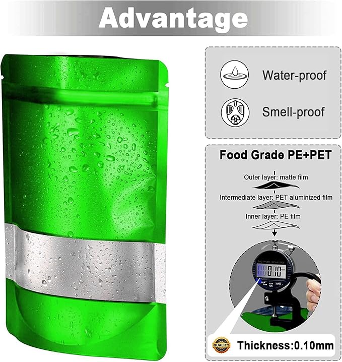 7.1"x10.2" 1 Quart 120pcs Mylar Bags for Food Storage,Smell Proof Bag with Matte Window Resealable Food Storage Bags for Small Business, Stand-up Foil Pouch Packaging Freeze Dried Candy Bag（Green）