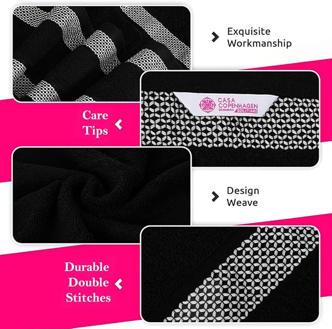 CASA COPENHAGEN Solitaire Mix 6 Pieces Towel Set- Grey Violet + Black, 600 GSM 2Bath Towel 2Hand Towel 2Washcloth, Designed in Denmark Made of Soft Egyptian Cotton for Bathroom, Kitchen & Shower