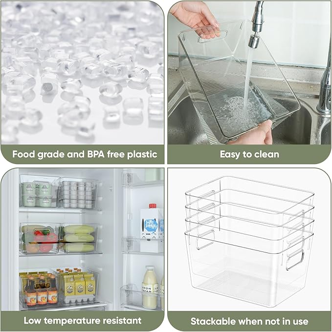 BALEINE Clear Plastic Storage Bins, Pantry Organization, BPA Free Stackable Refrigerator Organizers and Storage with Handles for Kitchen Fridge Cabinet Bathroom (8PK, 10.5x6x5)