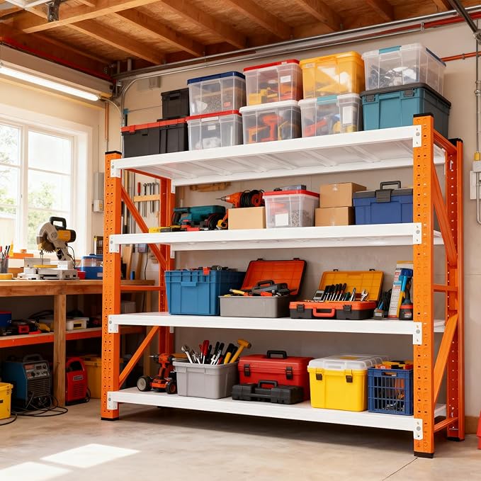 4-Tier Storage Shelves,79" H Heavy-Duty Garage Shelving Unit,Adjustable Metal Industrial Shelf System,4,000lbs Capacity,Tool Organizer for Garage,Workshop,60" W x 20" D x 79" H,Orange&White