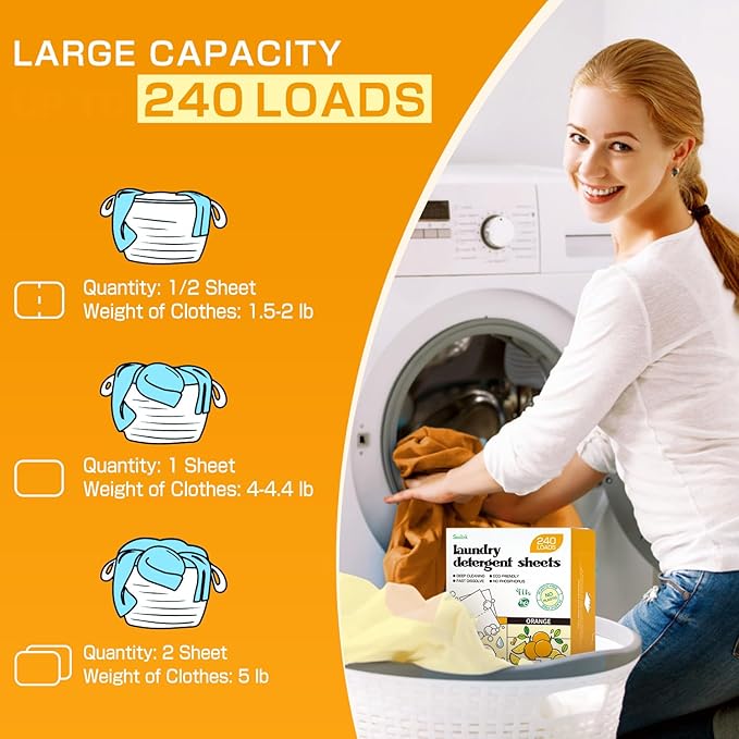 Soulink Laundry Detergent Sheets, 240 Loads - Eco-Friendly, Plant-Based, Hypoallergenic, No Plastic Jug (Orange Scent)