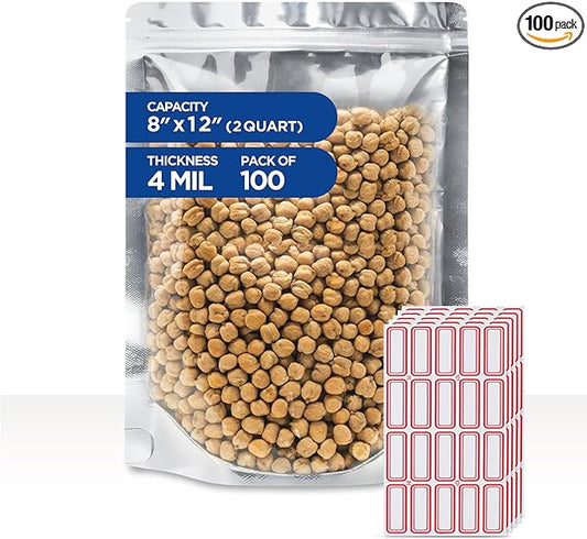BELLE KR® Clear Mylar Bag 8"x12" - Pack of 100, 8 Mil Thick - 2 Quart Stand Up See Through Mylar Bags for Food Storage with Label Stickers