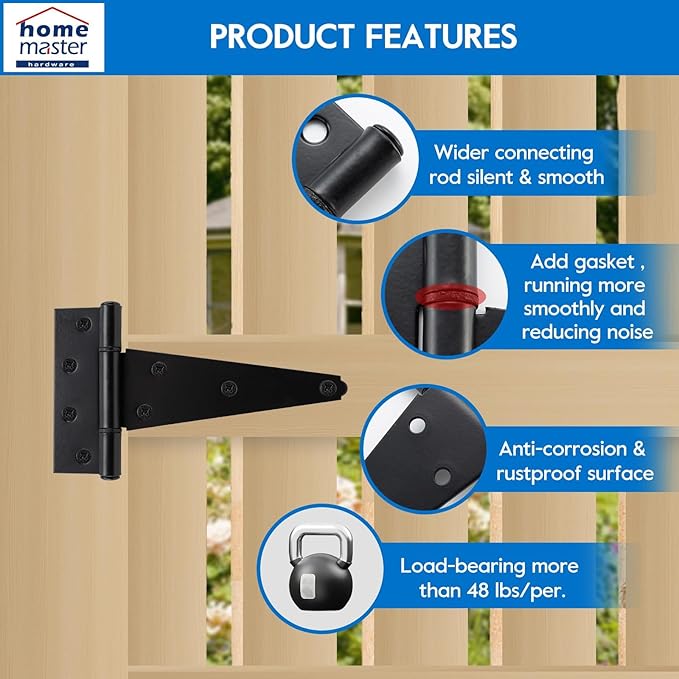 HOME MASTER HARDWARE 6 Inch T-Strap Heavy Duty Shed Door Hinges, Black Stainless Steel Heavy Duty Gate Hinges Tee Hinge for Wooden Fences,Yard Door, Barn Door Gates, Rustproof Wrought with Screws, 4 P