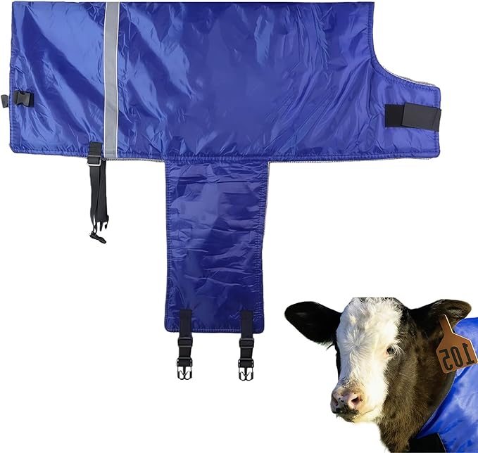 Calf Blanket - Suitable for Calves, Goats, and Sheep, Windproof and Insulated Design, Thickened Belly and Neck Protection, Adjustable Size for Complete Warmth and Comfort - 1 Piece (Blue)
