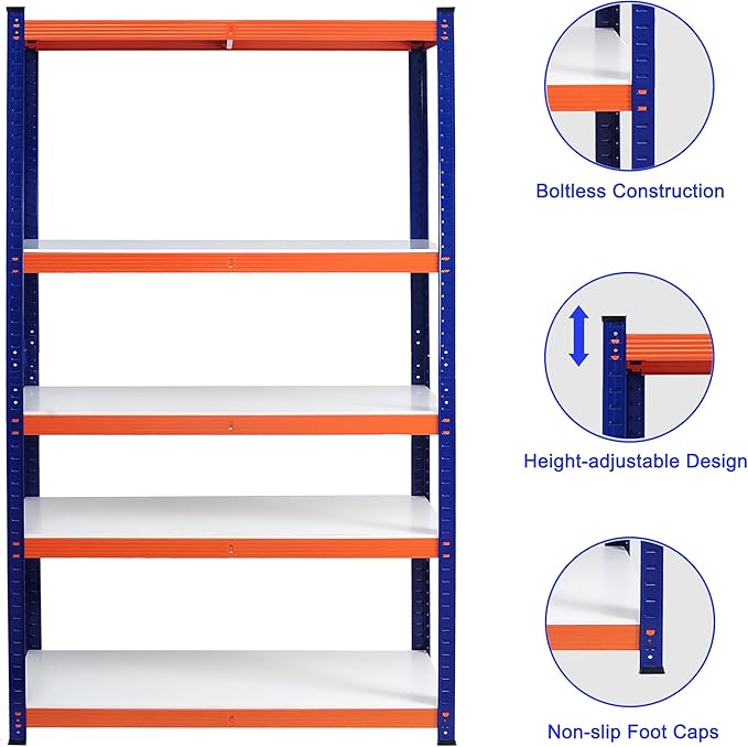 Heavy Duty Storage Shelving Unit, 5-Tier Metal Rack, Blue and Orange Iron Frame, 70.8x35.4x15.7 Inches, Multipurpose Organization for Garage, Kitchen, Office