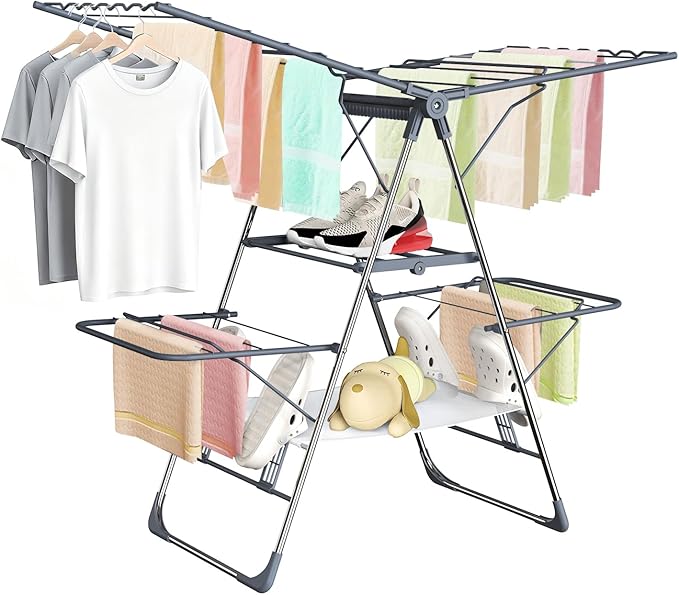 Clothes Drying Rack, Foldable 2-Level Laundry Drying Rack for Clothes,Stainless Steel Drying Rack Clothing Collapsible for Indoor Outdoor,with Height-Adjustable Wings