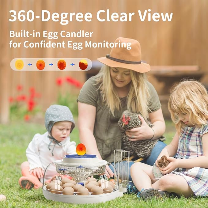 18 Egg Incubator, Hatch Day and Humidity Display, Automatic Turning and Stop, 2 Size Egg Trays, Candling Light, Automatic Water Refill, Air Vent, Hatching Chicken Quail Duck Turkey Goose Birds
