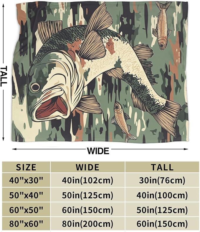 Bass Fish Blanket Fishing Throw Blanket Soft Warm Cozy Fuzzy Plush Camo Fishes Throw Blanket Gifts for Girls Women Fish Lightweight Fleece Flannel Gift Blankets for Kids Adults 50"X60"