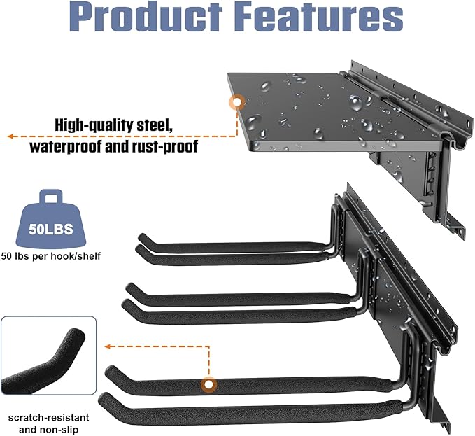 WALMANN Wall Mounted Garden Tool Rack with Shelves for Garage, Heavy Duty Folding Chair Hangers, 11-Inch Tool Storage Hooks for Shovels, Rakes, Ladders