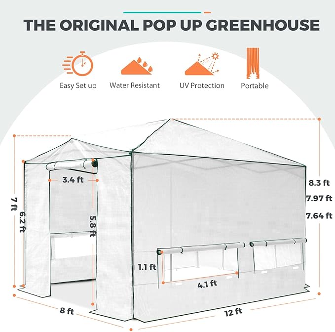 EAGLE PEAK Instant Pop-up Greenhouse, Indoor Outdoor Plant Gardening Green House, Roll-Up Zipper Doors & Side Windows - Winter Support Pole, Walk in 12x8 ft, White/Clear