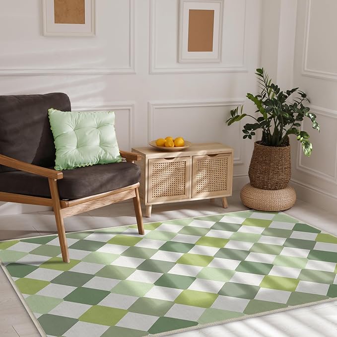 Checkered Washable Green Modern Area Rugs for Living Room Bedroom Dinning Room Kitchen 3x5 Non Slip Low Pile Indoor Floor Small Carpet