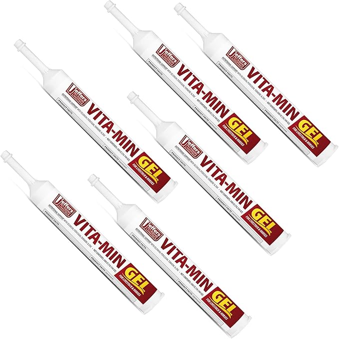 Jeffers Vita-Min Gel for Livestock & Horses – Multivitamin & Mineral Supplement with Selenium, Zinc, Potassium & Turmeric – Easy Oral Gel for Cattle, Goats, Sheep & Pig – 300 cc Tube - 6Pack