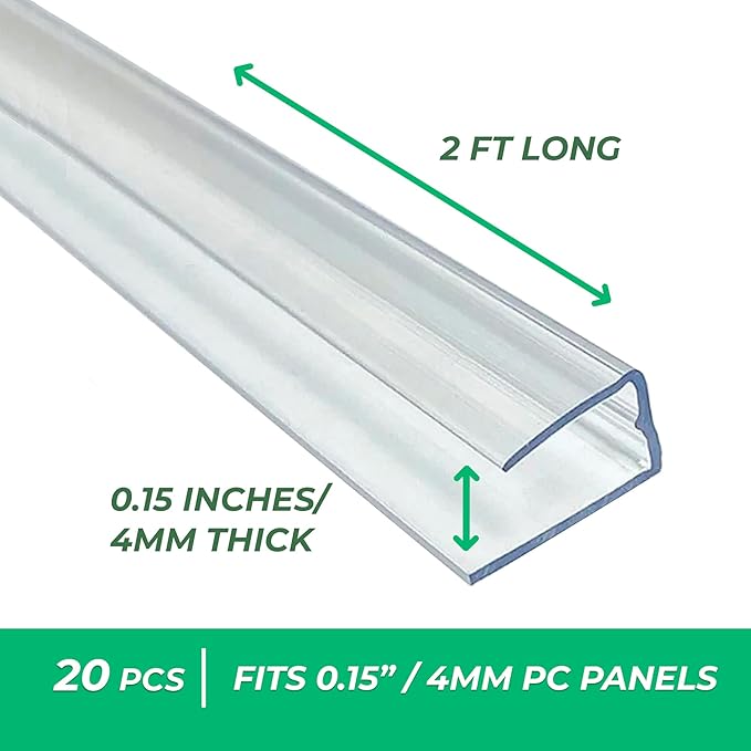 Polycarbonate Greenhouse Panels (U Connectors) - 20 Pieces, 2ft Length, Prevent Dust, Rain & Moisture from Getting into Twin-Wall Panels, Fits 4mm (0.15 in) Panels (U Connectors 4mm-2ft)