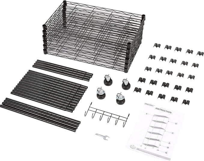 Himimi 6-Tier Storage Shelf Units, Adjustable Wire Shelving with Wheels, Metal Shelves with Stainless Side Hooks, Free Standing Shelving for Laundry Bathroom Kitchen Pantry Closet, Black