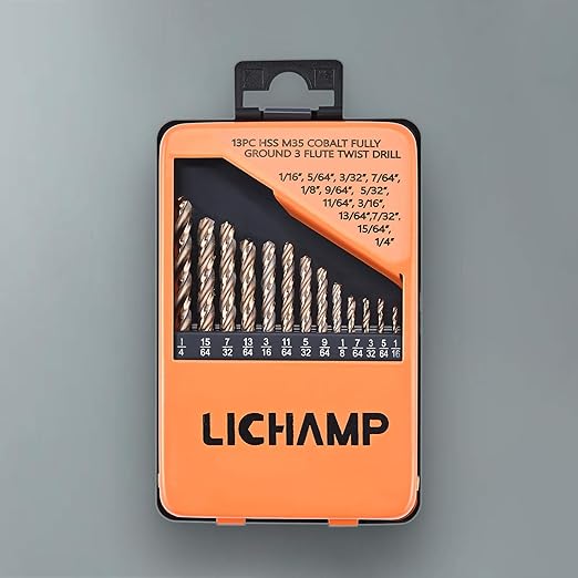 Lichamp 13-Piece HSS Cobalt Drill Bit Set (1/16" to 1/4") – M35 High-Speed Steel, 3-Flute Design for Drilling Hard Metals & Cast Iron – Includes Metal Case
