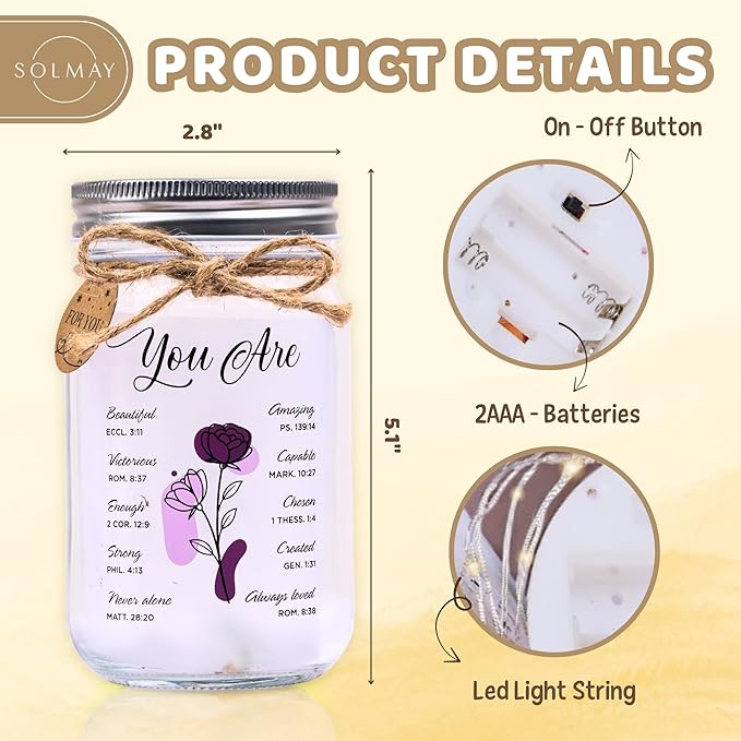SOLMAY Birthday Gifts for Women – “You Are” Inspirational Mason Jar Night Light, Sentimental Christmas Gifts for Women, Christian Gift for Mom Sister Best Friend, Gratitude Decoration Jar