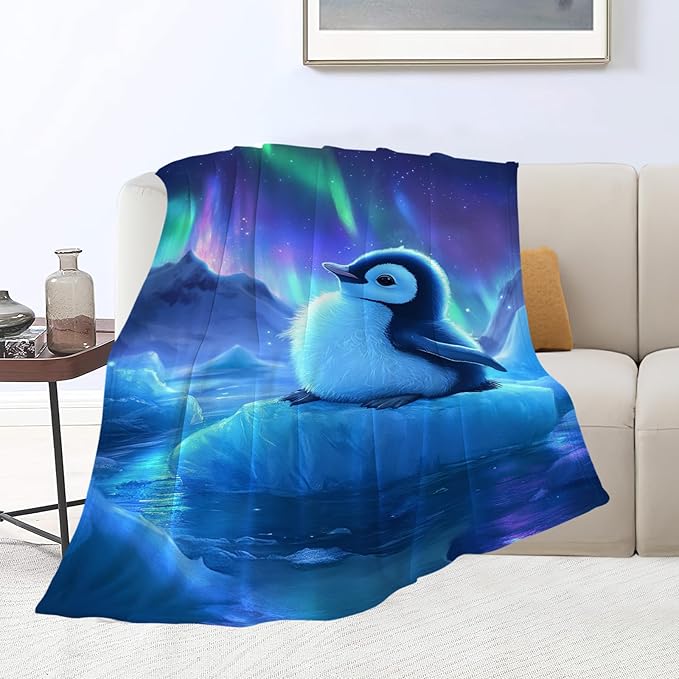 Cute Penguin Blanket Aurora Starry Night Animal Throw Blankets Gifts for Girls Boys Kids Penguin Lover Soft Cozy Fleece Plush for Couch Sofa Bed 50"x40"