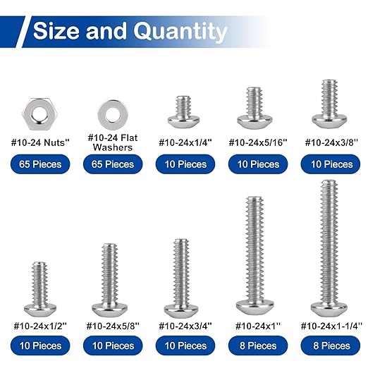 206Pcs #10-24 Pan Head Machine Screws Nuts Washers Assortment Kit, 1/4 to 1-1/4 inch Long Machine Screws, 304 Stainless Steel Screw Assorted Kit for Household Repairs, UNC Full Thread Phillips Drive
