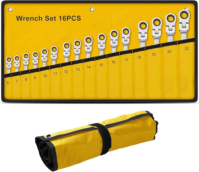 Ratcheting Wrench Set 16 Pcs, Multifuctional Combination Ended Spanner Kit Metric 6-22MM Chrome Vanadium Steel Flex-Head Ratchet Wrenches with Carrying Bag