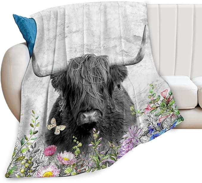 Cow Blanket for Girls Women Gifts for Cows Lovers Highland Cow and Floral Throw Blanket for Kids Adults Ultra Soft Cozy Fleece Blanket for Couch Sofa Bed 60"x80"