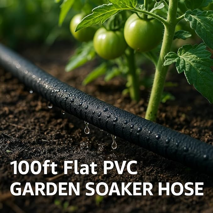 100 ft Soaker Hose – Flat Soaker Hose 100 ft for Lawn, Raised Beds & Flower Gardens – Lightweight PVC Drip Hose, Water-Saving Irrigation, Flexible & UV-Resistant