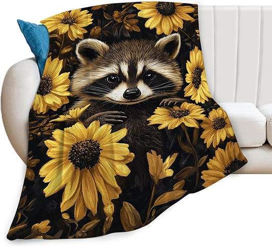 Raccoon Blanket Cute Raccoon Lover Floral Animal Throw Blankets Gifts for Girls Boys Kids Soft Cozy Fleece Plush for Couch Sofa Bed 80"x60"