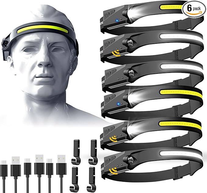 Aikertec Rechargeable Headlamp 6 PCS, 230°Beam Headlamp for Adults, 6 Mode Camping & Spotlight, Motion Sensor, Lightweight Headlights Flashlight