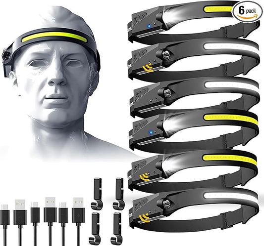 Aikertec Rechargeable Headlamp 6 PCS, 230°Beam Headlamp for Adults, 6 Mode Camping & Spotlight, Motion Sensor, Lightweight Headlights Flashlight