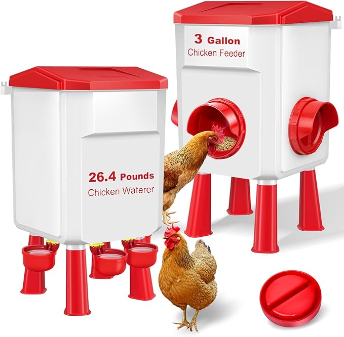 Chicken Feeder and Waterer with Set 3 Gallon/26.4 Pounds, Automatic Chick Feeder and Waterer Set No Waste, Poultry Feeder Large for Hens/Ducks/Poultry(Red