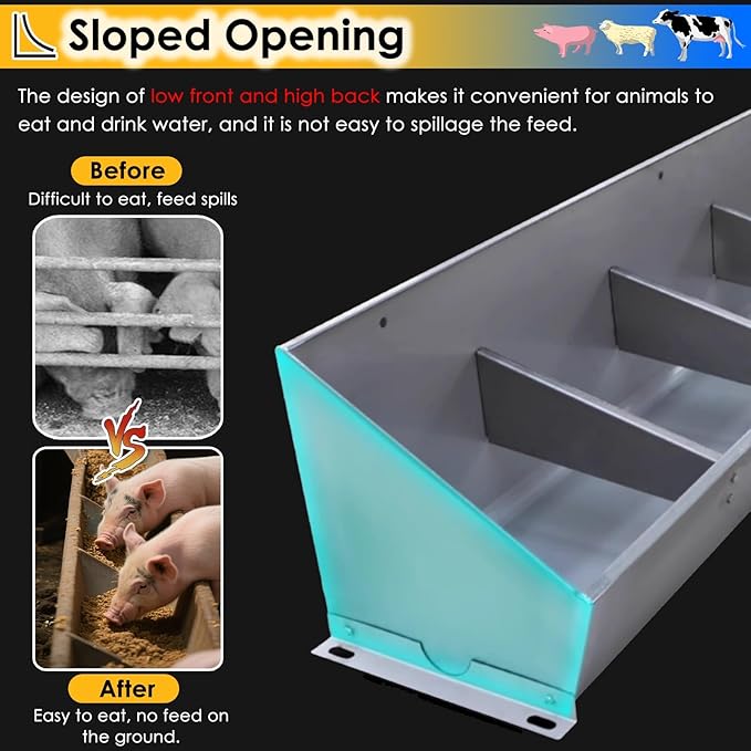 Heavy Duty 2-in-1 Stainless Steel Livestock Feed Trough for Pigs, Sheep, Cattle, and Goats - Hanging Design with Sloped Opening, 39.4" Long, Easy Feeding for Farm Animals