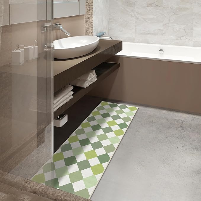 Green Checkered Washable Runner for Hallway Bedroom 2x6 Modern Non Slip Rug Low Pile Indoor Floor