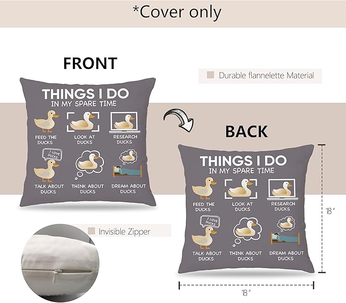 Funny Duck Throw Pillow Covers 18 x 18-Things I Do in My Spare Time Duck Decorative Pillow Covers,Funny Duck Gifts,Duck Gifts for Duck Lovers,Duck Themed Gifts for Women,Duck Decor (Gray)
