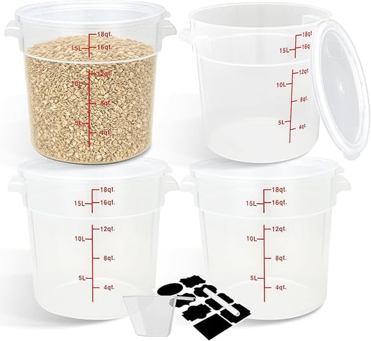 4 Pack Round Food Storage Containers with Lids, 18Qt Translucent Commercial Food Container, Polypropylene, BPA Free, Includes Labels & Measuring Cups