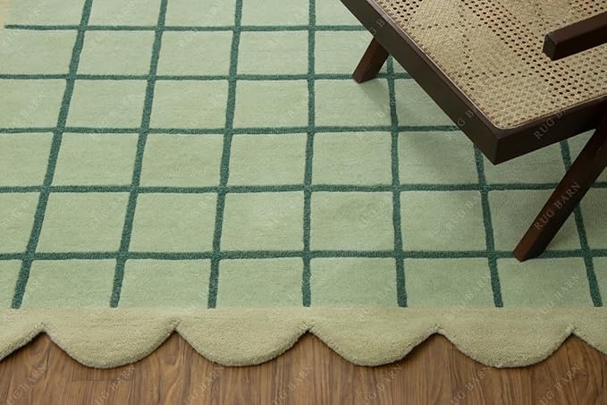 Mint Green Scalloped Edge Wool Area Rug with Checker Grid Design, Hand-Tufted Soft Carpet for Living Room, Bedroom, Nursery, Kids & Playroom Décor - 9x12 Ft