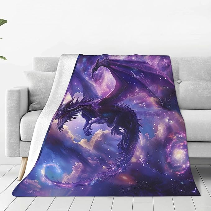 Space Dragon Blanket Blue Cool Dragon Decor Throw Blanket Cozy Plush Flannel Fleece Warm Soft Lightweight Fuzzy Blanket Dragon Lovers Gifts for Boys Girls Teens Women for Bed Sofa Couch 50"X60"
