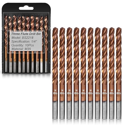 1/4" 3-Flute Cobalt Drill Bits, M35 Metal Drill Bits for Metal and Steel, 3-Flats Shank, 135 Degree Split Point, for Hardened Steel, Stainless Steel, 10-Piece