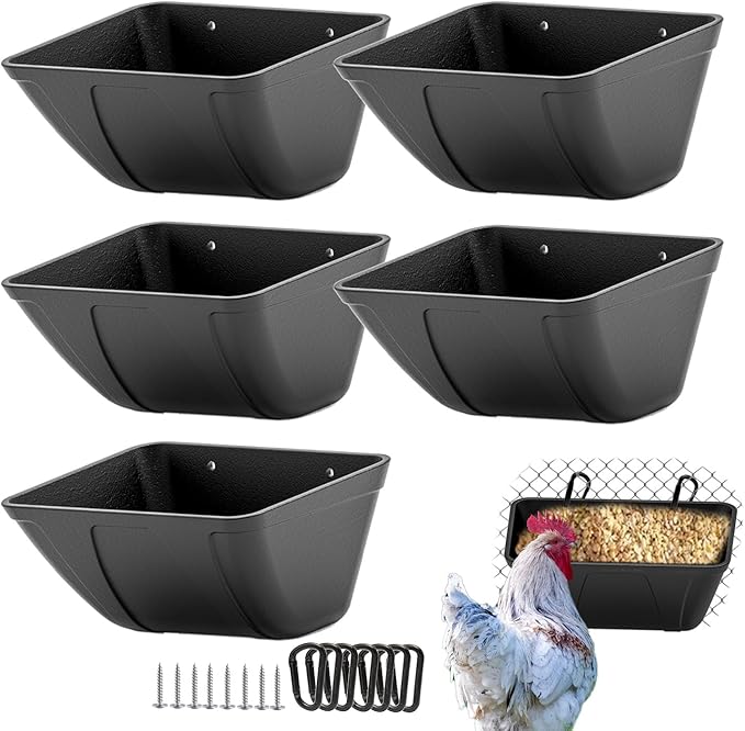 Hanging Chicken Feeder Trough for Goat Sheep Deer Poultry Duck Chicken Fence Feeder Livestock Feeding Container Goats Supplies Feeders Waterer Bucket (Matte Black)
