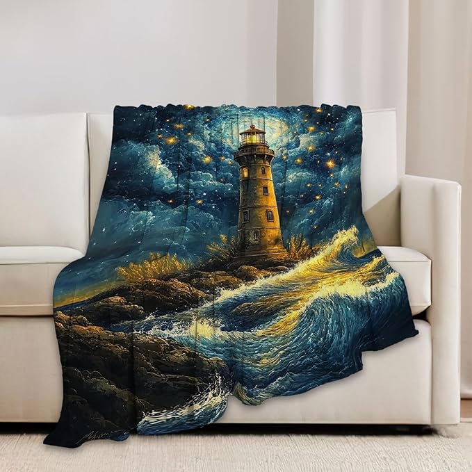 Lighthouse Blanket Coastal Lighthouse Starry Night Throw Blankets Gifts for Girls Boys Kids Soft Cozy Fleece Plush for Couch Sofa Bed 60"x50"