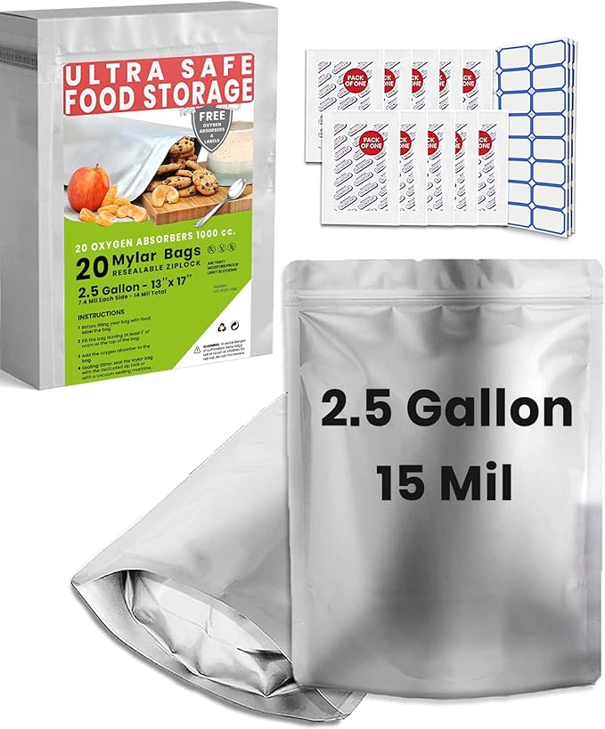 20 Mylar Bags for Food Storage, 2.5 Gallon Capacity, Extra Thick 15 Mil, with 1000cc Oxygen Absorbers, Resealable, Stand-Up Gusset, Ideal for Long-Term Food Storage