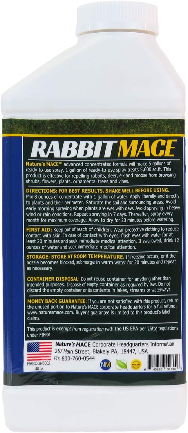 Nature’s Mace Rabbit MACE, Deterrent for Yard, Rabbit Repellent Outdoor, Mint Rabbit Spray, Garden, Lawn, Keep Rabbits Out, 40oz Concentrate, Covers 28,000 Sq Ft, Safe Around People, Pets, Plants