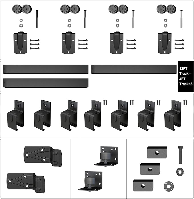 12FT Heavy Duty Box Rail Exterior Sliding Barn Door Hardware Kit, 450 lbs Capacity, Black Powder Coated Finish,Kit for Outdoor,Fit MAX 2 Door Width 72in