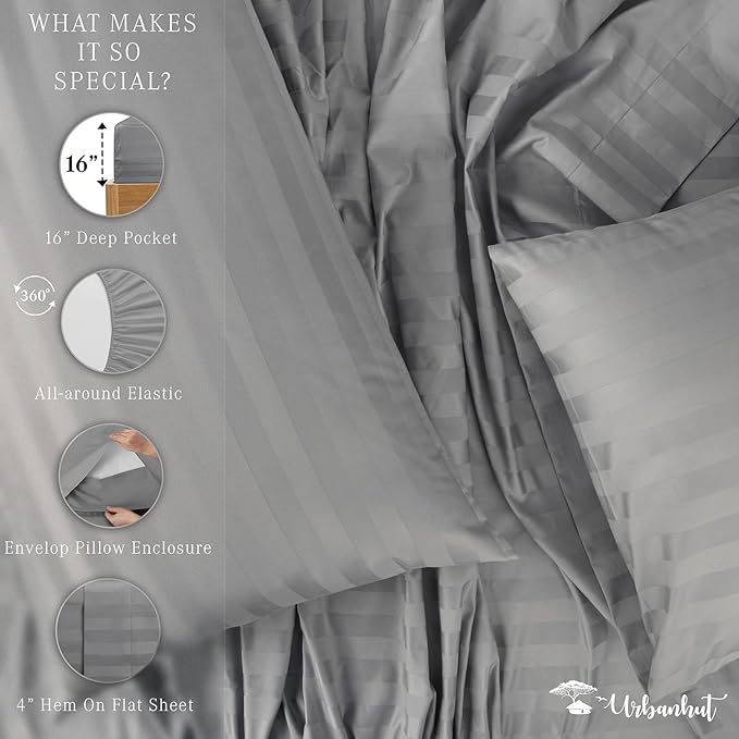 URBANHUT 1000 Thread Count Egyptian Cotton Sheets Damask Striped Queen Size, Long Staple Soft & Breathable, 4 Pc Bed Sheet Sets, Luxury Hotel Sateen Sheets Fits 16" Deep Pocket - Dark Grey