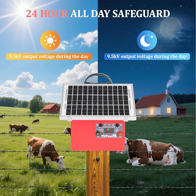 9.5KV Adjustable Output,0.5 Joules Energy Output7.5W Solar Panel, 24H/14D Uninterrupted Power Solar Electric Fence Charger for Livestock,20 Miles Protection Range