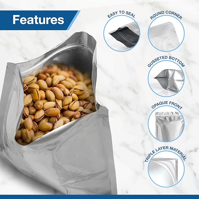 BELLE KR® 50 Pcs 2 Quart Mylar Bags for Food Storage - 8"x12" - 10 Mil Thick - Stand Up Mylar Ziplock Bags Resealable & Heat Sealable for Long Term Food Storage